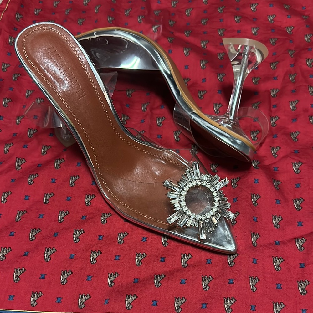 Amina Muaddi Silver and Brown Heels with Crystal Embellishments